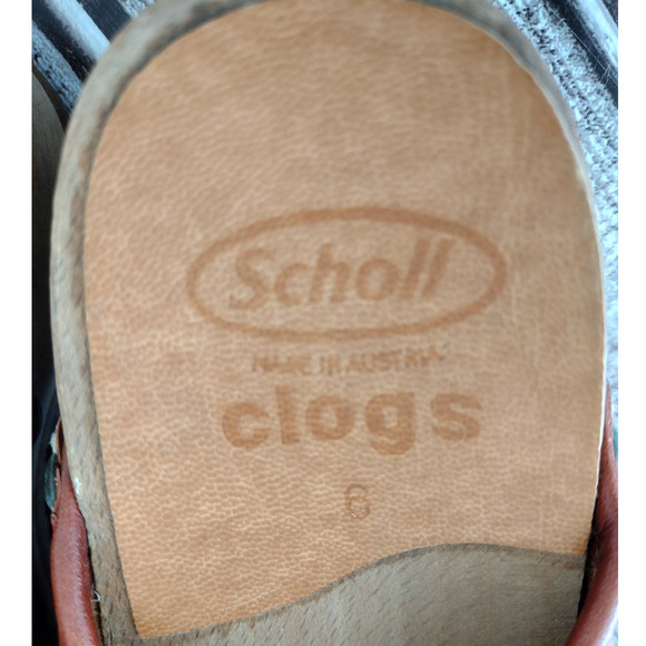 Dr. Scholl's | RARE Vintage Orange-Red Leather Studded Wooden Clogs Cotton Braid - Picture 11 of 16